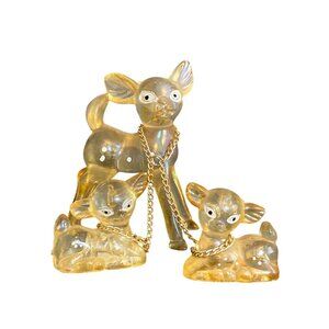 VTG Doe Fawns Big Ear Deer Figurines Yellow chains Lucite Hong Kong Christmas